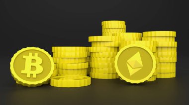 Altın kripto para yığınları Bitcoins ve Ethereum ve siyah arkaplan. Değerinin gösterimi. Üç boyutlu resimleme.