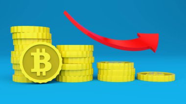 Yığınla altın Bitcoins sikkesi, kırmızı ok aşağı iniyor ve mavi arka plan. Değerdeki düşüşün temsili. Üç boyutlu resimleme.