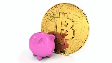 İzole edilmiş beyaz bir arka planda pembe bir kumbaranın yanında büyük bir altın Bitcoin. Tasarruf için ideal.