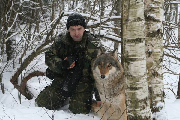 Man and wild wolf posing for camera in winter forest, Belarus