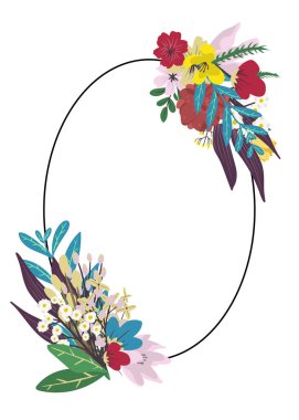 Soyut çiçekli davetiye ya da düğün kartı. Beyaz arkaplanda daire çerçeve ve çiçek.