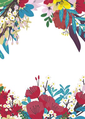 Tropikal yaprakları ve çiçekleri olan şablon çerçeve. Düğün, davet ve parti gibi herhangi bir olay için vektör ilüstrasyonu.