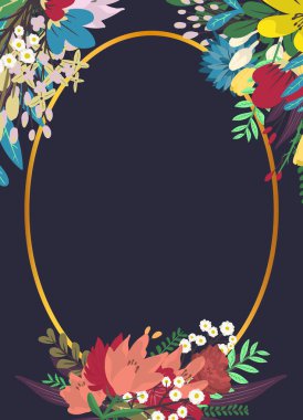 Çiçekli tebrik kartı, davetiye, pankart. Koyu arkaplanda çiçekler olan metnin için çerçeve. Çember çerçeve.