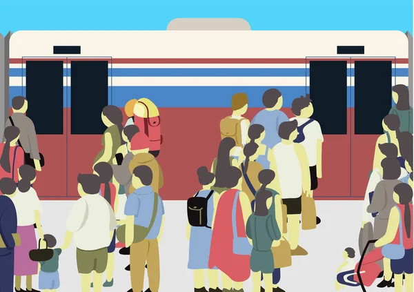 Oeuvre Art Nombreuses Personnes Debout Gare Attendant Skytrain Est Vie — Image vectorielle