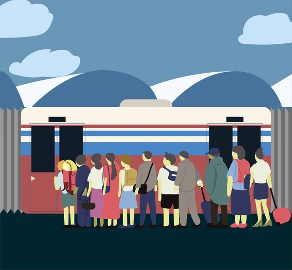 Beaucoup Gens Debout Station Skytrain Attendant Porte Est Ouverte Sous — Image vectorielle