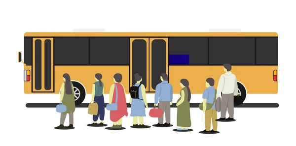 Lidé Stojí Autobusové Zastávce Čekají Oranžový Autobus — Stockový vektor