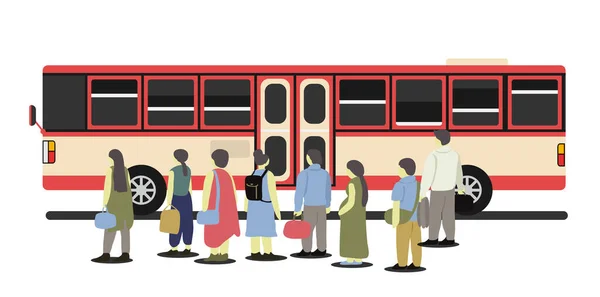 Lidé Stojící Autobusové Zastávce Čekají Červený Žlutý Autobus — Stockový vektor