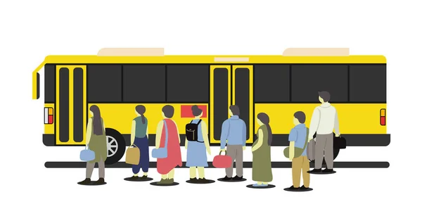 黄色のバスに乗るのを待っているバスの停留所に立つ人々 — ストックベクタ