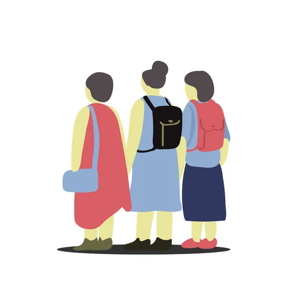 Работы Трех Девушек Стоящих Вместе Ожидании Путешествия — стоковый вектор