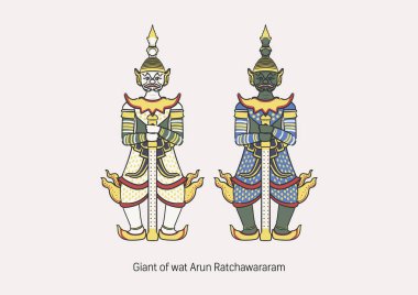Tayland hikayesinden iki dev heykel. Tapınağın kapısında beyaz arka planda duran muhafız. Grafik tasarım ve sanat eserlerinin birincil ismi olacak..