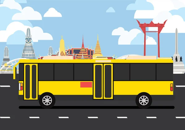 Unidad Amarilla Del Autobús Pasa Muchos Puntos Referencia Bangkok Ciudad — Vector de stock