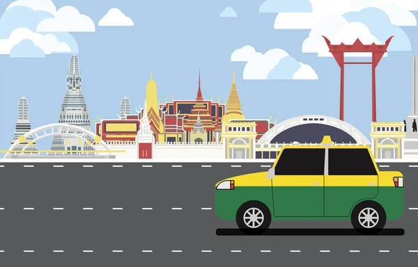 노란색과 초록색 택시가 복제품 공간이 타이의 방콕의 랜드마크를 지나간다 — 스톡 벡터