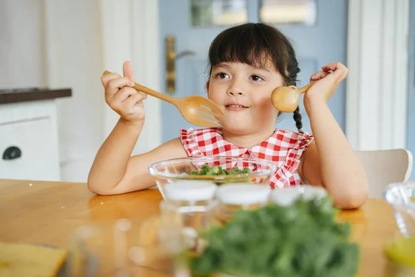 Asian Little Child Eating Salad Bowl Wooden Spoon Fork Kitchen — Stock Photo, Image