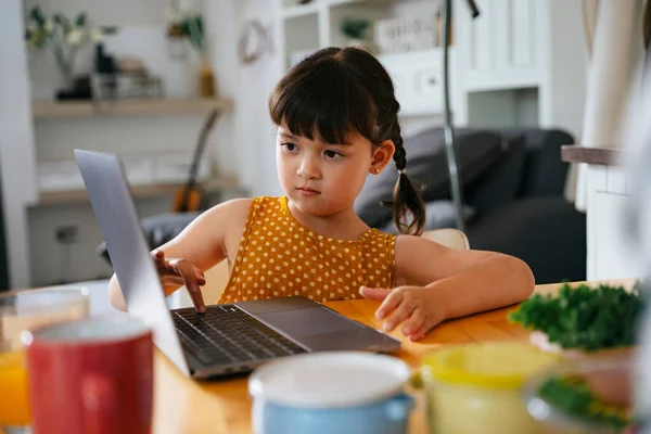 Asian little girl doing homework on laptop computer and asking mother to help her.