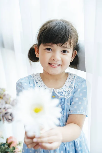 Retrato Linda Niña Vestido Azul Sosteniendo Flor Blanca Ventana Cortina —  Fotos de Stock