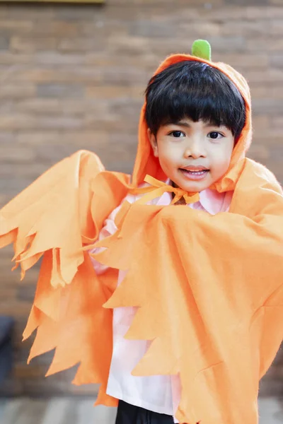 Portrait Asian Boy Wearing Punkin Hood Halloween Party — Stok Foto