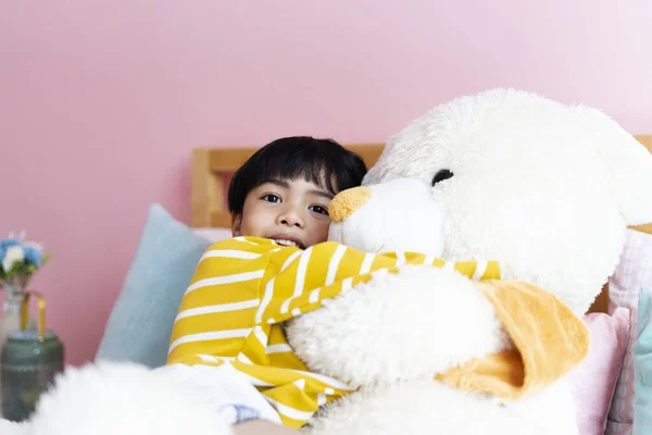 Asian Little Boy Hugging Fluffy Big Bear Doll Bedroom — Stock Photo, Image