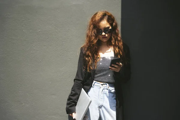 Fashion Portrait Young Asian Woman Wearing Sunglasses Black Jacket Using — Stock Photo, Image