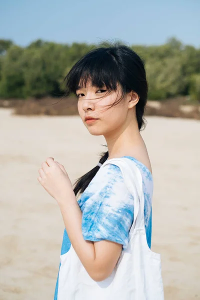 Cabelo Preto Francês Trança Menina Branco Azul Amarrar Tintura Pendurar — Fotografia de Stock