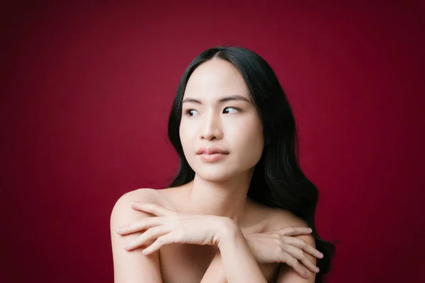 Portret Van Schoonheid Aziatische Vrouw Zwart Haar Natuurlijke Gezonde Huid — Stockfoto