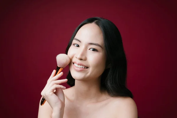 Porträt Der Schönheit Junge Asiatische Mädchen Mit Kosmetischen Pinsel Für — Stockfoto