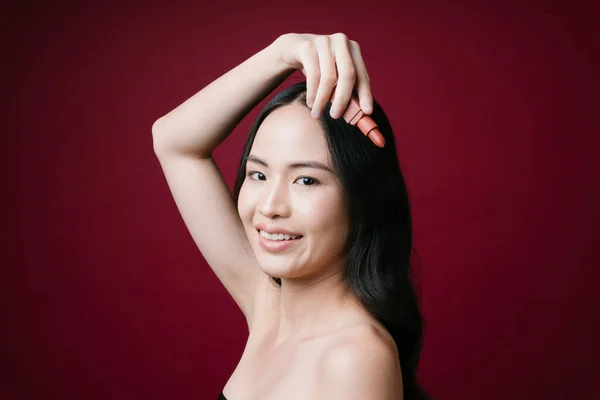 Portrait Beautiful Young Asian Woman Black Hair Holding Pink Lipstick — Stock Photo, Image