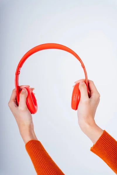 Woman Hands Holding Red Headphones Isolate White Background — Stock Photo, Image