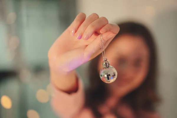 Close Hand Woman Holding Toy Mirror Glitter Ball Christmas Decoration Royalty Free Stock Photos