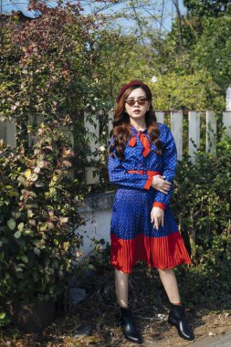 Dalgalı esmer, mavi ve kırmızı retro elbiseli kadın beyaz çitin orada çalılarla dikiliyor..