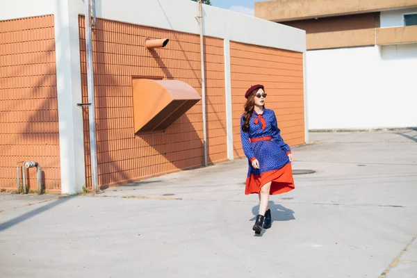 Wavy Brunette Woman Blue Red Retro Dress Walking Alone Rooftop — Stock Photo, Image