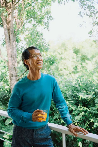 Портрет Азіатського Старшого Чоловіка Синьому Светрі Апельсиновим Соком Парку — стокове фото