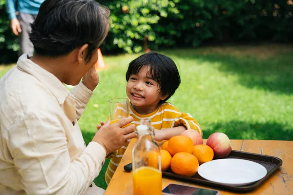 Asiático Avó Neto Beber Suco Laranja Juntos Parque — Fotografia de Stock