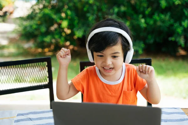 Emocionado Niño Asiático Usar Auriculares Utilizando Ordenador Portátil Aire Libre —  Fotos de Stock