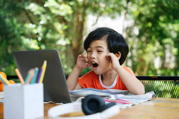 Niño Asiático Bostezando Frente Computadora Portátil Aburrió Estudiar Desde Casa —  Fotos de Stock