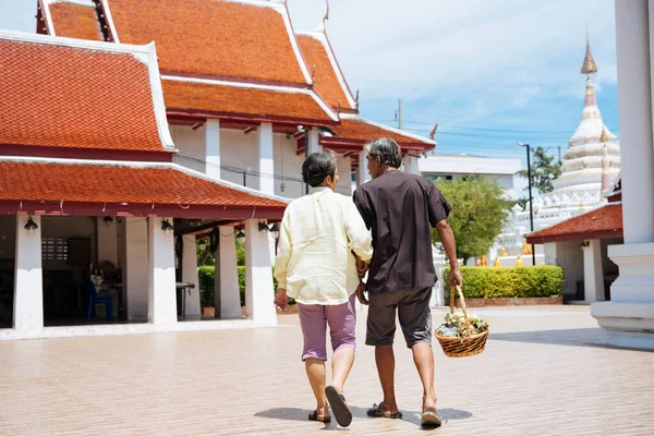 Vue Dos Aîné Asiatique Vieux Couple Tenant Main Marchant Dans — Photo