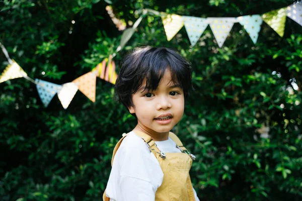 Cheerful Asian Black Hair Kid Party Yard — Stock Photo, Image