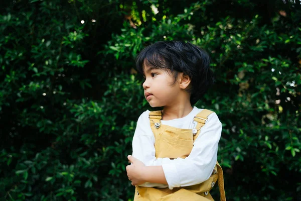 Handsome Black Hair Asian Kid Sitting Chair Yard — Stock Photo, Image