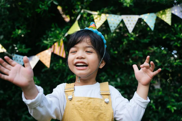 Portrait Cheerful Asian Black Hair Kid Wear Party Hat Birthday — Stok Foto
