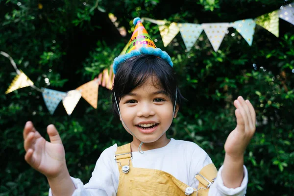 Portrait Cheerful Asian Black Hair Kid Wear Party Hat Birthday — Stok Foto