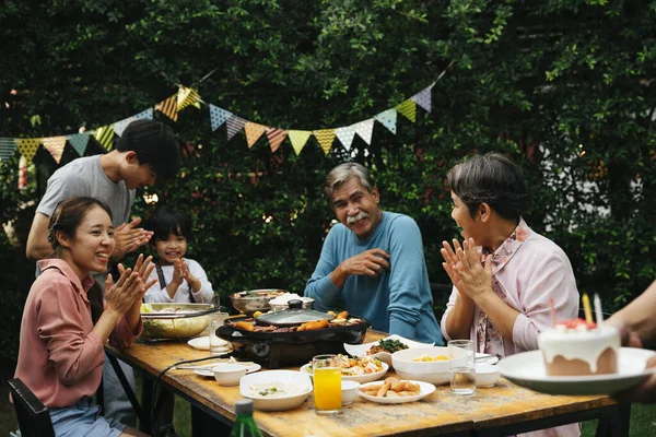 Asian Family Celebrate Birthday Party Kid Cake Outdoors — Stock Photo, Image