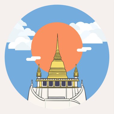 Wat Saket (Altın Dağ), büyük güneş ve bulutlu gökyüzü ile Tayland 'ın Bangkok' taki en ünlü turistik merkezlerinden biridir..