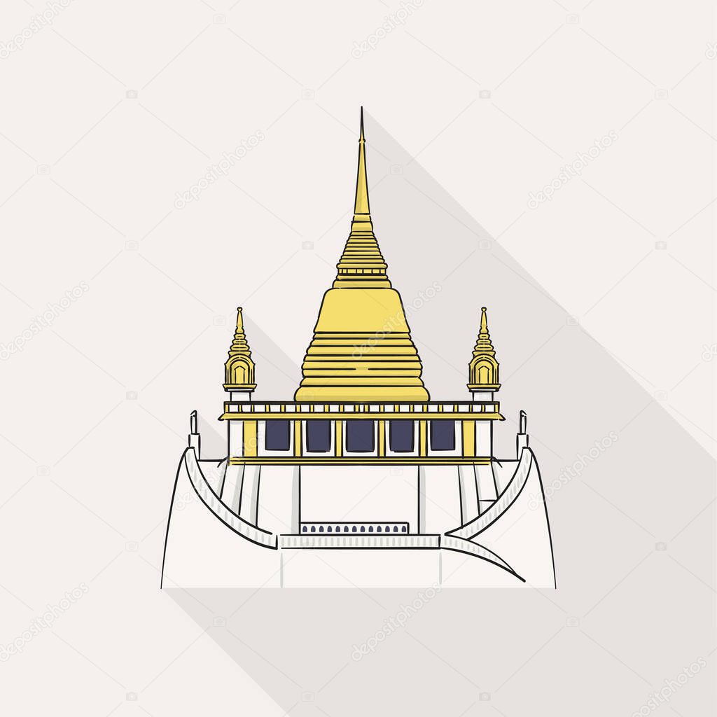Wat Saket (Golden Mount) one of the most famous tourist attraction in Bangkok, Thailand on white background.