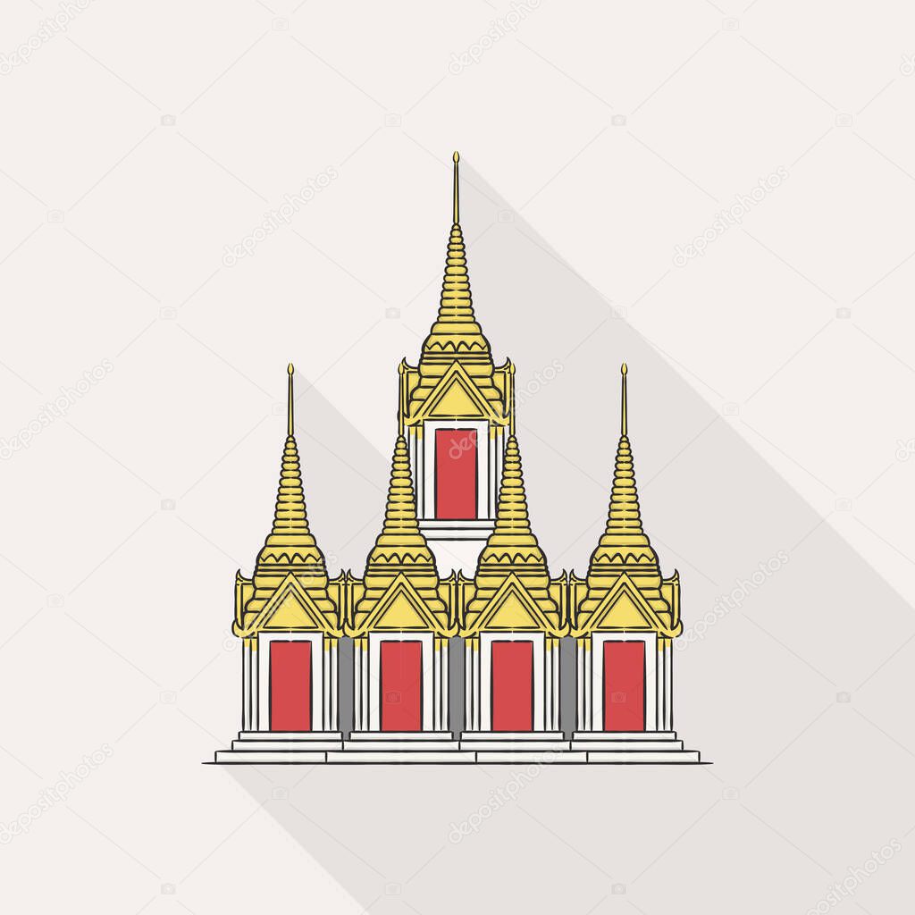 Illustration of Wat Ratchanadda as known as Loha Prasat, another famous tourist attraction in Bangkok, Thailand, on white background.