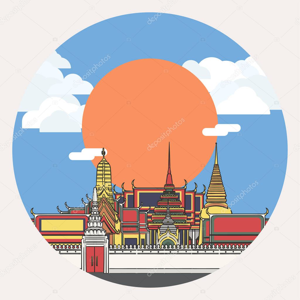 Illustration of Temple of the Emerald Buddha, the main temple of Thai Royal Family, as known as Wat Phra Kaew with sun and cloudy blue sky as a background.