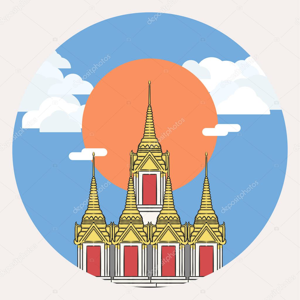 Illustration of Wat Ratchanadda as known as Loha Prasat, another famous tourist attraction in Bangkok, Thailand, with sunshine and cloudy bkue sky.
