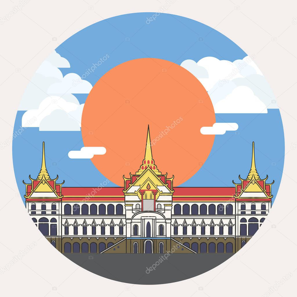 The Grand Palace is the main house of Thai Royal Family, the palace is in Bangkok, the center of Thailand with sunshine and cloudy sky.