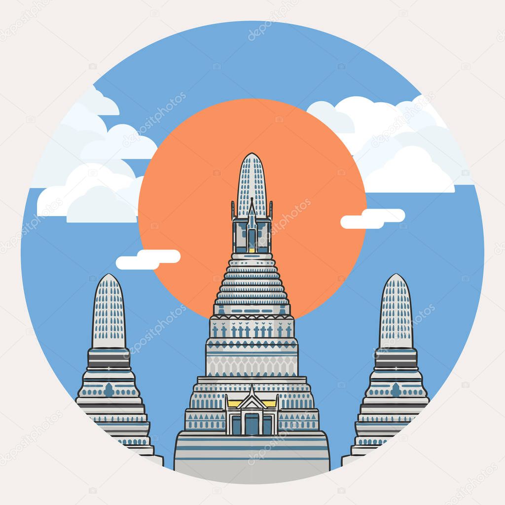 Illustration of Wat Arun, the most famous temple in Thailand.