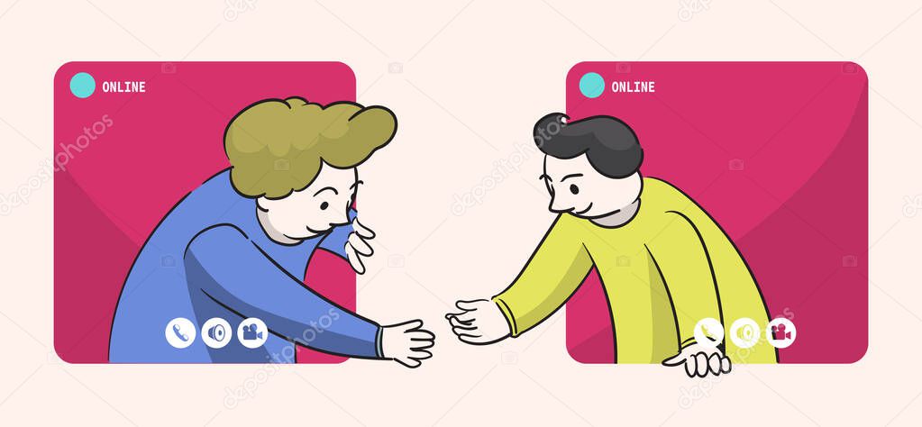 Two man get through the computer screen try to do the hand shaking after make a agreement via chatting program.