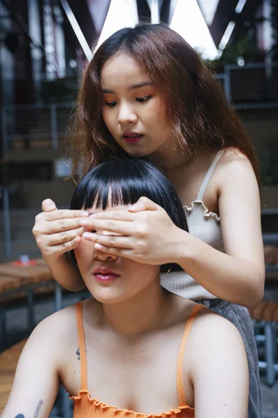 Asian Girl Playing Peek Boo Friend Covering Her Eyes Hands — Stock Photo, Image