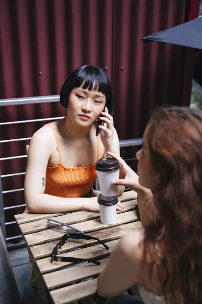 Portrait Young Asian Bob Hairstyle Talking Phone Cafe — Stock Photo, Image
